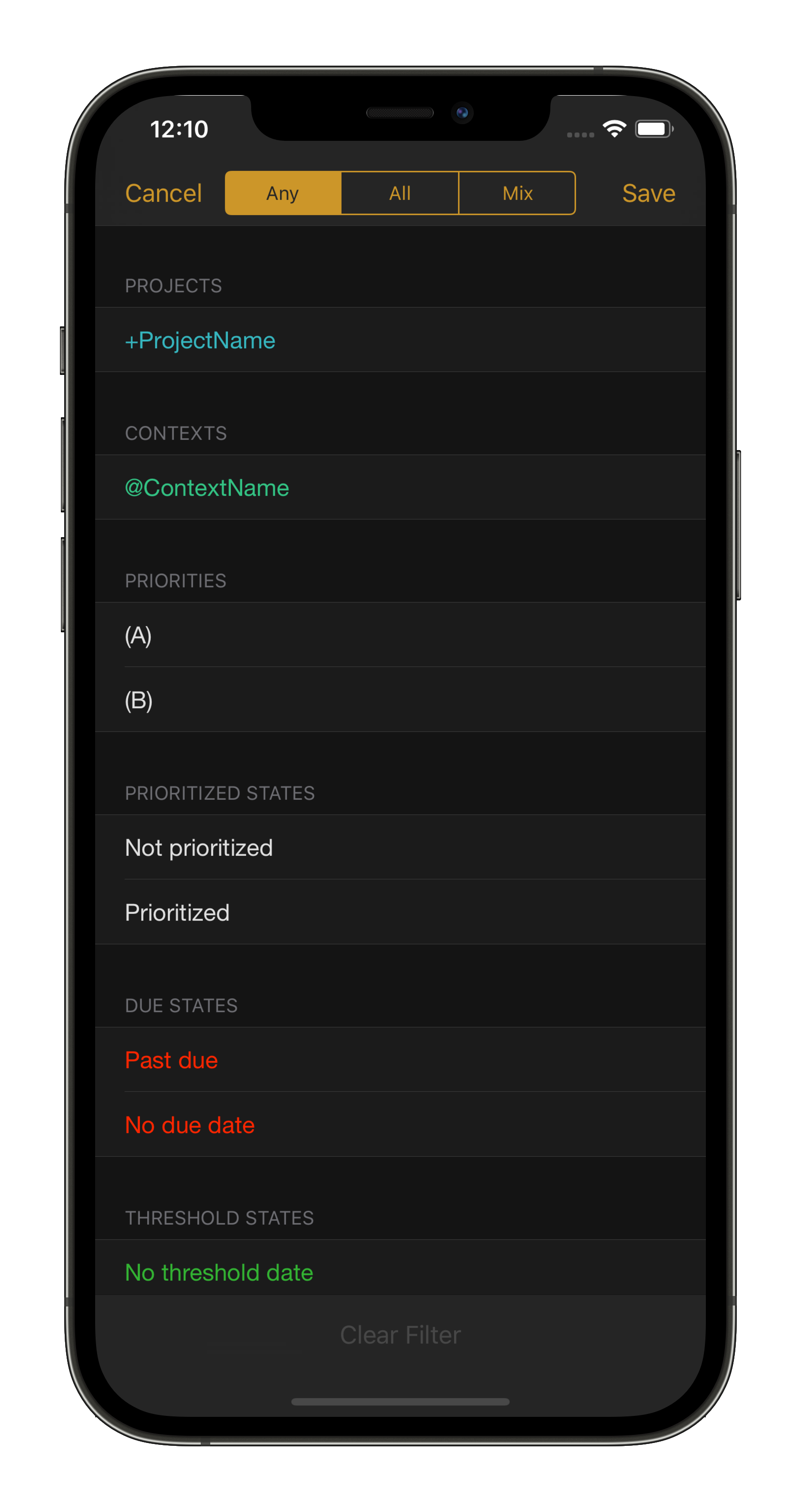 Screenshot of SwiftoDo running on iPhone, showing the task list filter screen