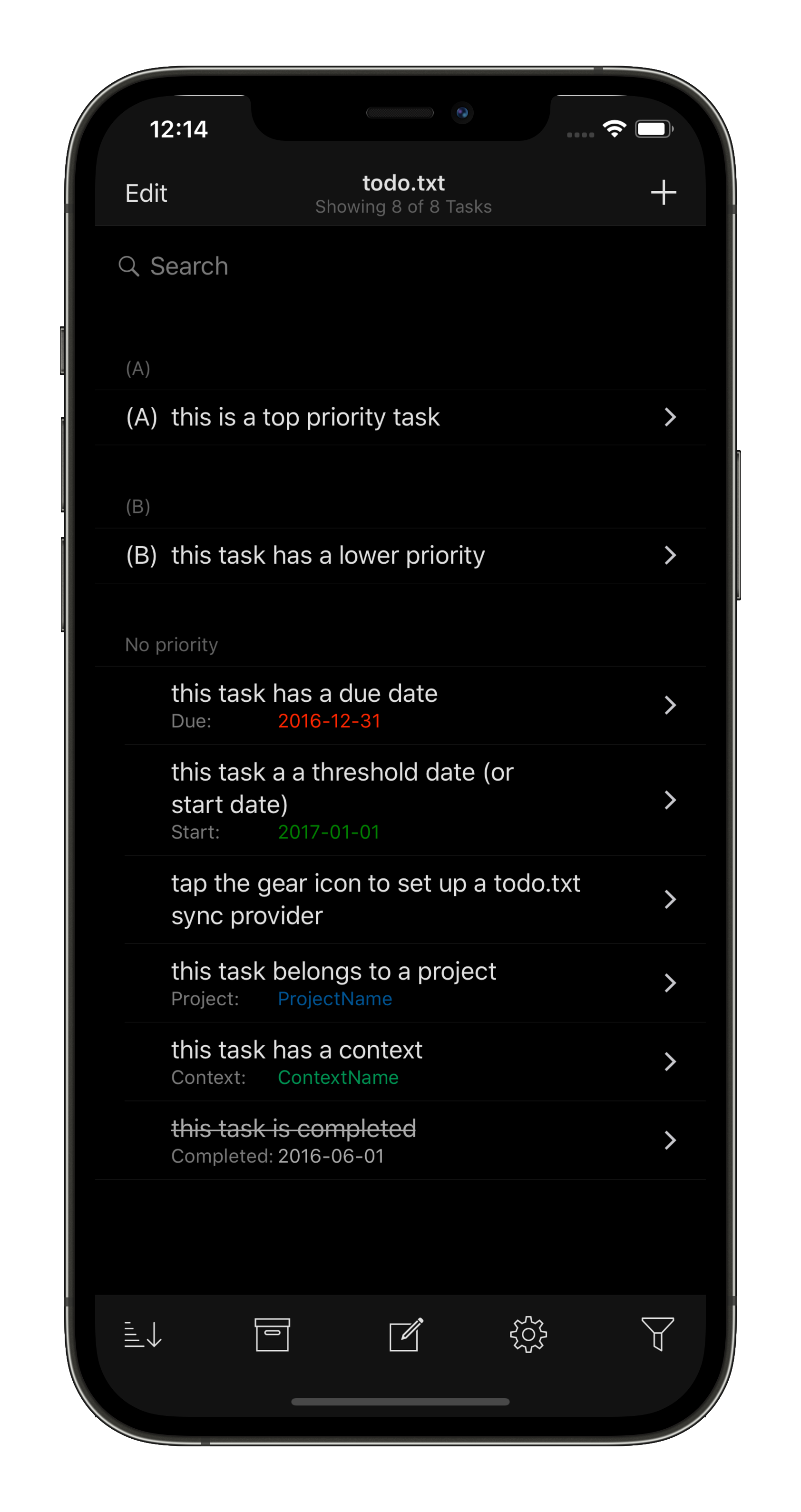 Screenshot of SwiftoDo running on iPhone, showing the task list with the dark theme