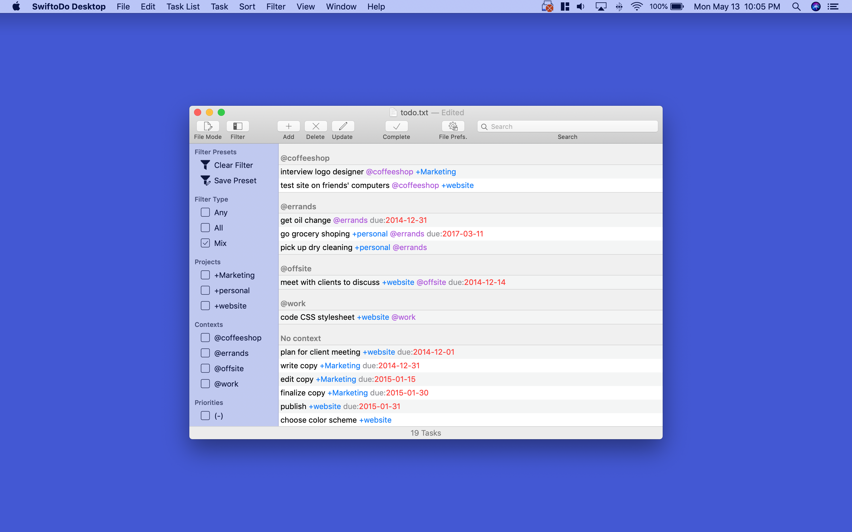 Screenshot of SwiftoDo Desktop's main window, the task list