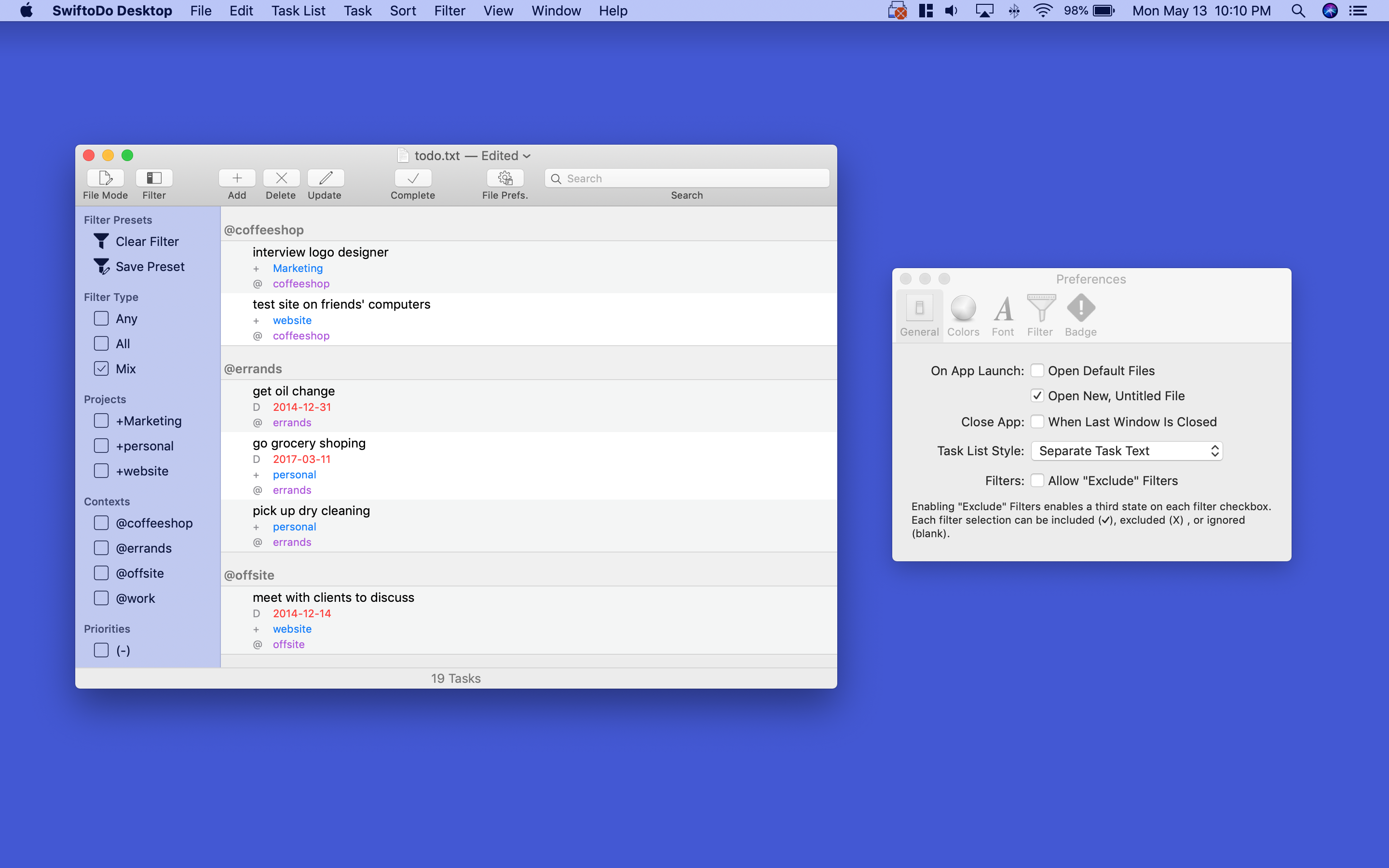 Screenshot of SwiftoDo Desktop's main window, the task list, and the global preferences window