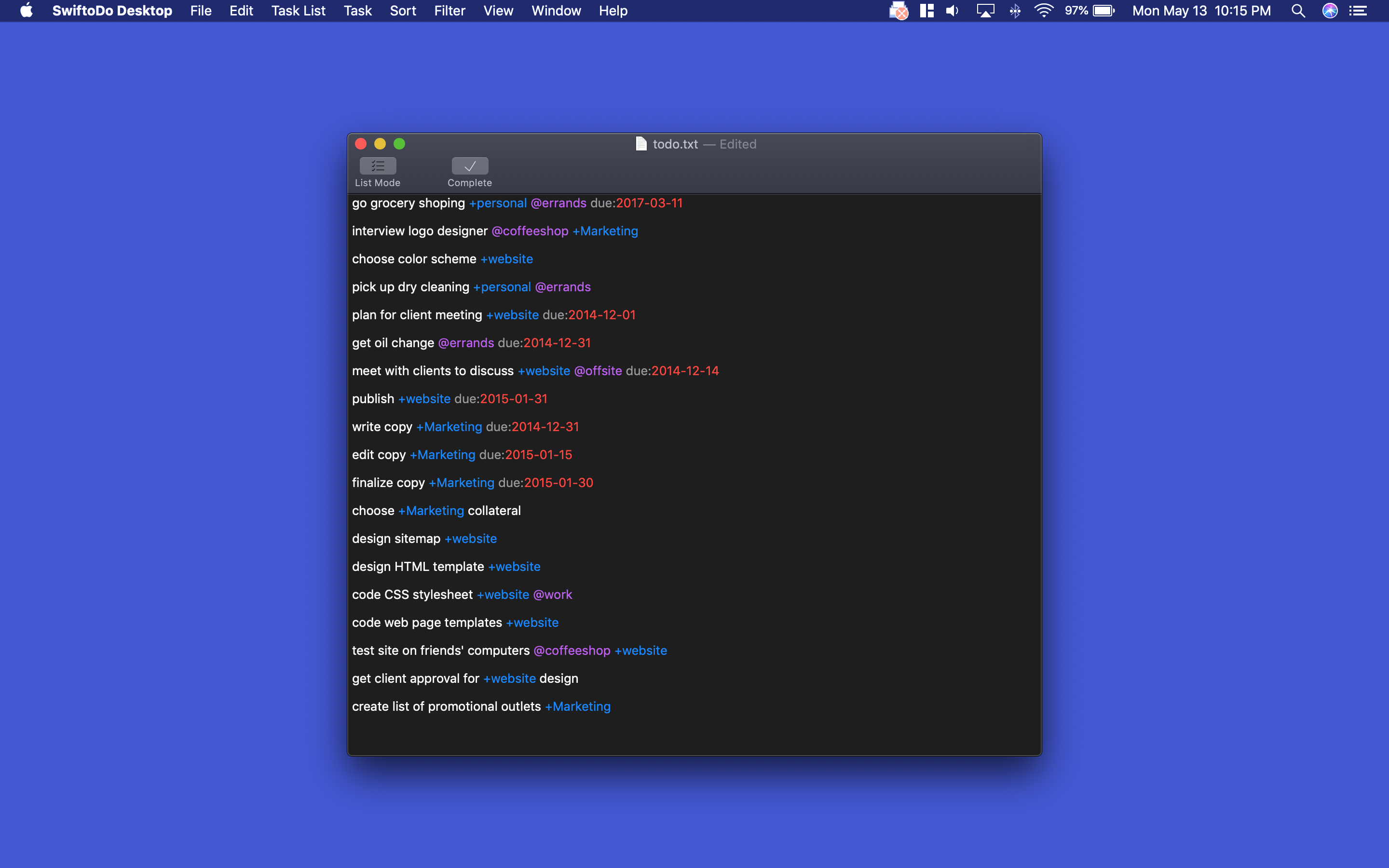 Screenshot of SwiftoDo Desktop's main window in the file edit mode