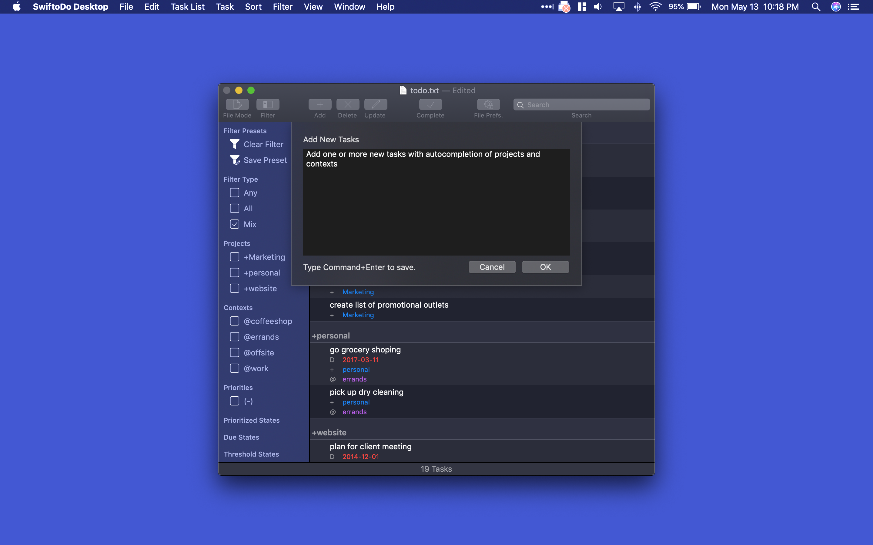Screenshot of SwiftoDo Desktop's add task window, in dark mode